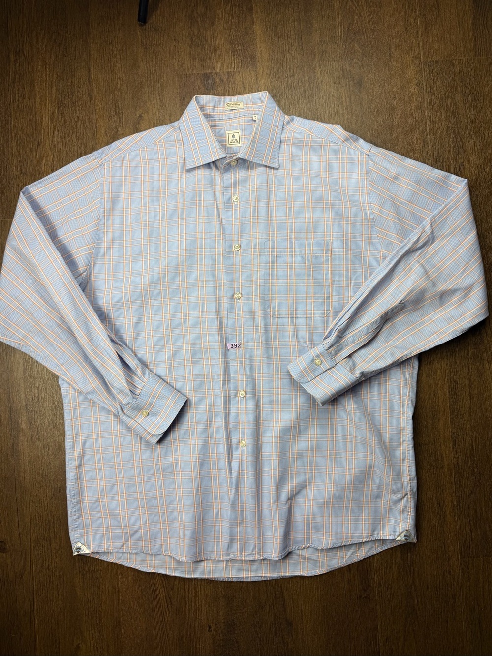Peter Millar Light Blue Dress Shirt with Orange Windowpane Plaid